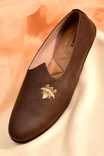 Around Always_Brown Pallav Metallic Motif Embroidered Juttis _Online_at_Aza_Fashions