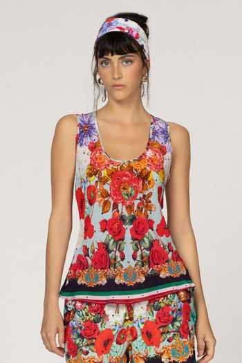 Inoa_Multi Color Silk Scoop Neck Hibiscus Print Top _at_Aza_Fashions