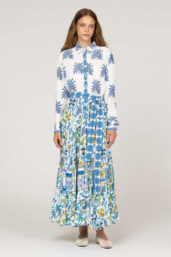 Buy_Inoa_Multi Color Silk Collared Neck Perorian Floral Print Dress With Belt _at_Aza_Fashions