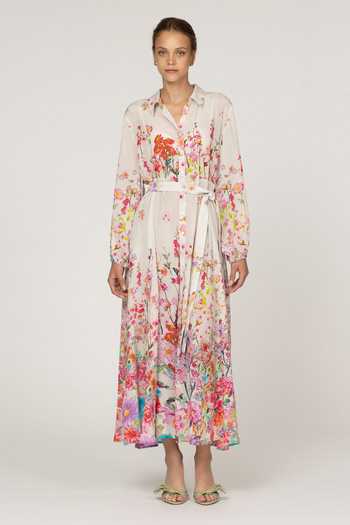 Buy_Inoa_Multi Color Silk Collared Neck Mahonia Printed Midi Dress With Belt _at_Aza_Fashions