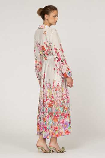 Shop_Inoa_Multi Color Silk Collared Neck Mahonia Printed Midi Dress With Belt _at_Aza_Fashions