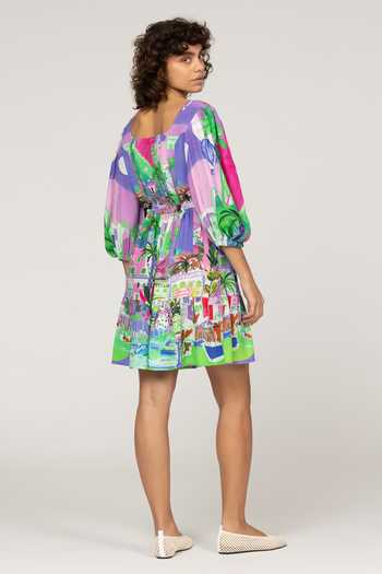 Shop_Inoa_Multi Color Silk Scoop Neck Azzurra Printed Dress _at_Aza_Fashions