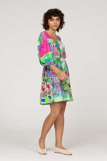Inoa_Multi Color Silk Scoop Neck Azzurra Printed Dress _Online_at_Aza_Fashions
