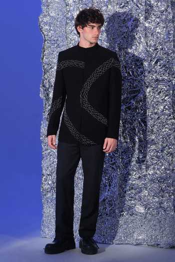 Buy_Sanjana Reddy Designs_Black Polyester Embroidery Standing Sally Bandhgala Set _at_Aza_Fashions