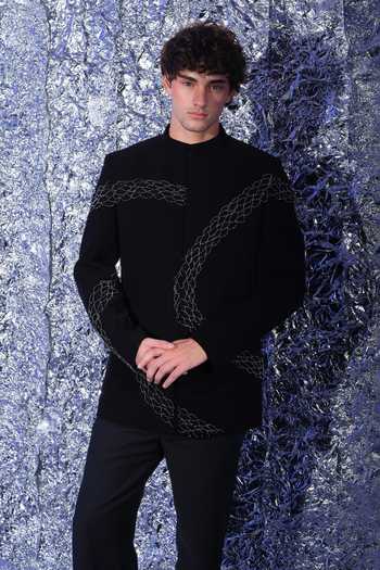 Shop_Sanjana Reddy Designs_Black Polyester Embroidery Standing Sally Bandhgala Set _at_Aza_Fashions