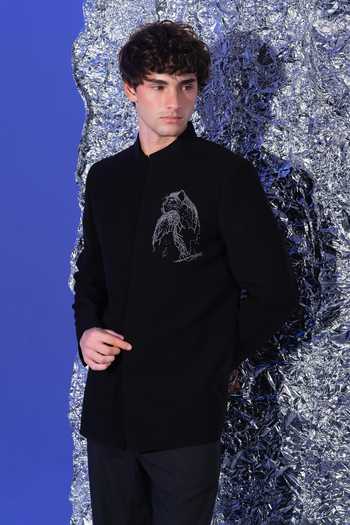 Shop_Sanjana Reddy Designs_Black Polyester Embroidery Panther Pocket Bandhgala Set _at_Aza_Fashions