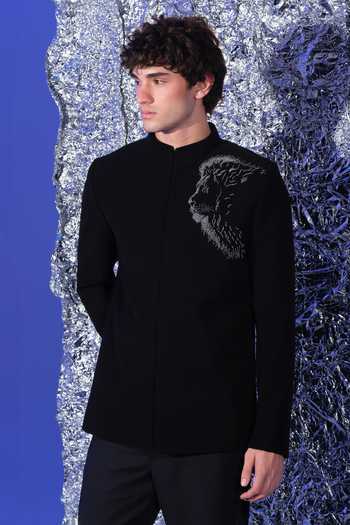 Shop_Sanjana Reddy Designs_Black Polyester Embroidery Lion Face Bandhgala Set _at_Aza_Fashions