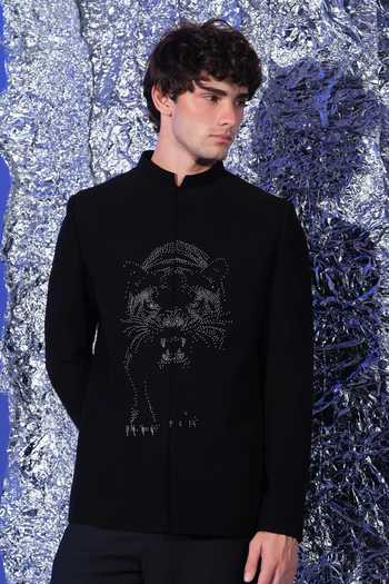 Shop_Sanjana Reddy Designs_Black Polyester Crystals Walking Panther Embroidered Bandhgala Set _at_Aza_Fashions