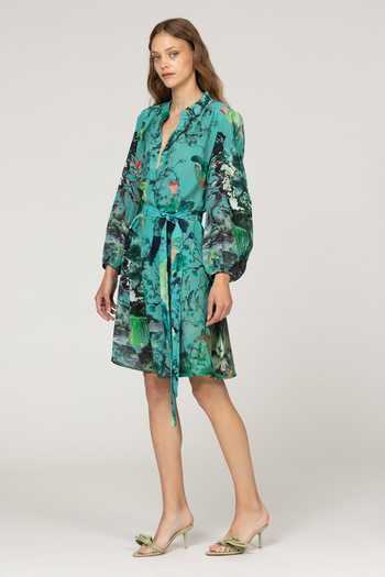Inoa_Blue Silk V-neck Allium Floral Print Dress With Belt _Online_at_Aza_Fashions