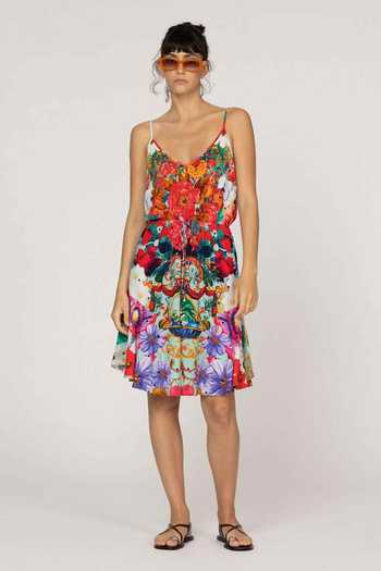 Buy_Inoa_Multi Color Silk V-neck Anemone Floral Print Dress _at_Aza_Fashions