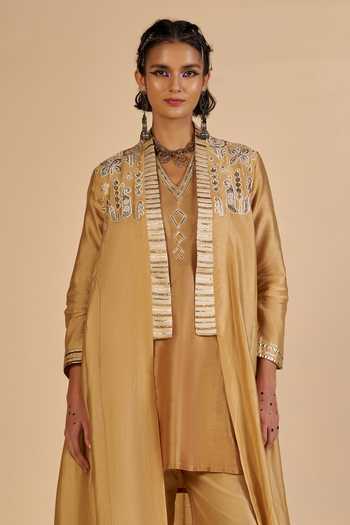 Buy_Gulabo By Abu Sandeep_Beige Chanderi Embroidered Coat _Online_at_Aza_Fashions