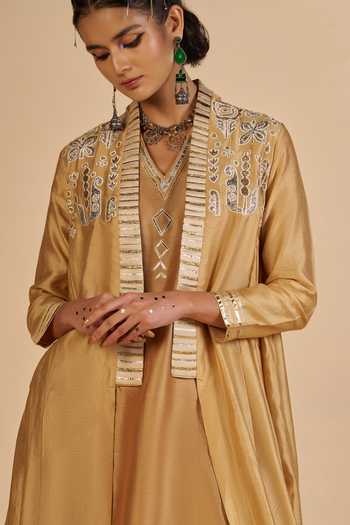 Shop_Gulabo By Abu Sandeep_Beige Chanderi Embroidered Coat _Online_at_Aza_Fashions