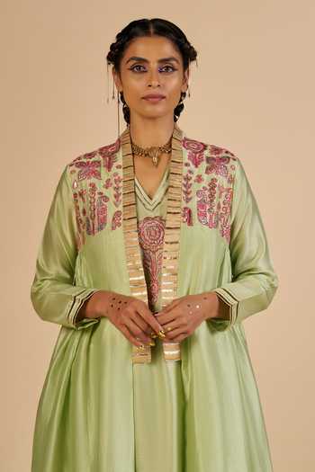 Gulabo By Abu Sandeep_Green Chanderi Embroidered Coat _Online_at_Aza_Fashions