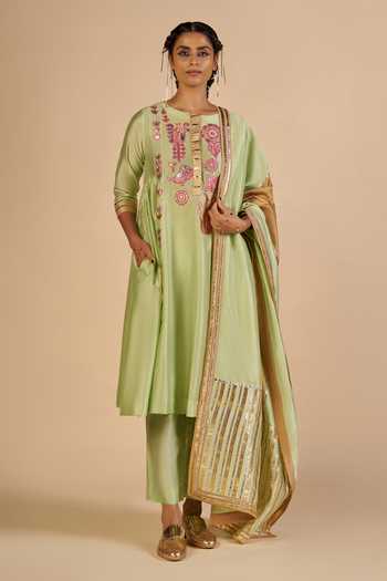 Buy_Gulabo By Abu Sandeep_Green Chanderi Color Block Dupatta _at_Aza_Fashions