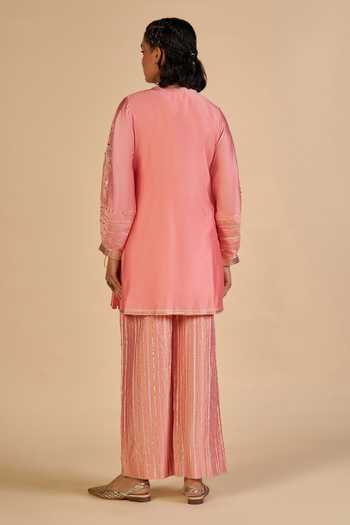 Shop_Gulabo By Abu Sandeep_Pink Chanderi V-neck Embroidered Sleeve Short Kurta _at_Aza_Fashions
