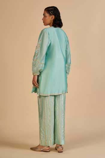 Shop_Gulabo By Abu Sandeep_Aqua Chanderi V-neck Embroidered Sleeve Angarkha Kurta _at_Aza_Fashions