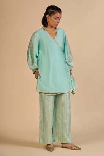 Buy_Gulabo By Abu Sandeep_Aqua Chanderi V-neck Embroidered Sleeve Angarkha Kurta _Online_at_Aza_Fashions