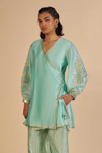 Buy_Gulabo By Abu Sandeep_Aqua Chanderi V-neck Embroidered Sleeve Angarkha Kurta _at_Aza_Fashions