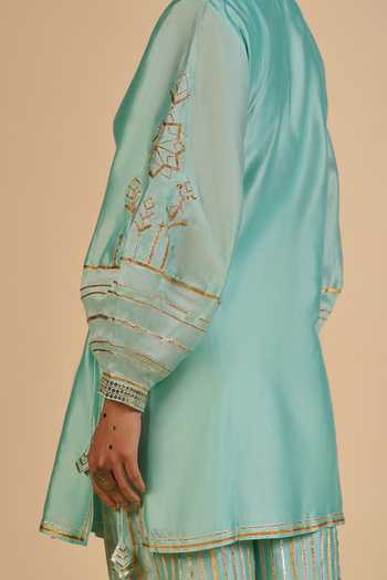 Shop_Gulabo By Abu Sandeep_Aqua Chanderi V-neck Embroidered Sleeve Angarkha Kurta _Online_at_Aza_Fashions