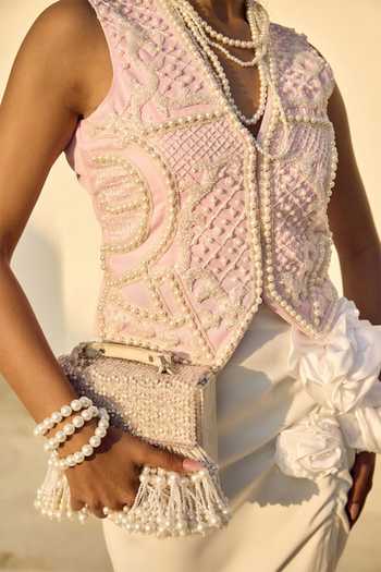 ASHNA VASWANI_Pink Crepe V-neck Pearl Embellished Waistcoat And Skirt Set _Online_at_Aza_Fashions