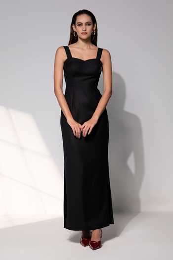 Buy_Raison D'Etre Atelier_Black Rayon Sweetheart Neck Midnight Noir Dress _at_Aza_Fashions