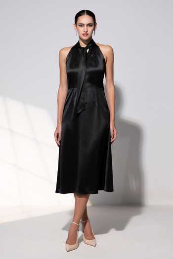 Buy_Raison D'Etre Atelier_Black Satin Halter Neck Valentina Dress _at_Aza_Fashions