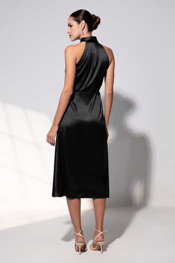 Shop_Raison D'Etre Atelier_Black Satin Halter Neck Valentina Dress _at_Aza_Fashions