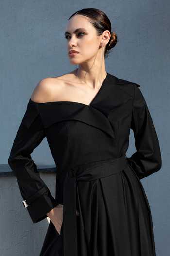 Raison D'Etre Atelier_Black Rayon Asymmetric Neck, One Shoulder, Midnight Noir Trench Dress _Online_at_Aza_Fashions