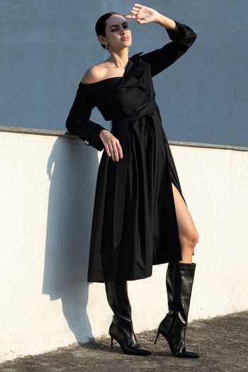 Shop_Raison D'Etre Atelier_Black Rayon Asymmetric Neck, One Shoulder, Midnight Noir Trench Dress _Online_at_Aza_Fashions
