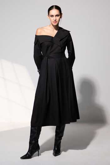 Buy_Raison D'Etre Atelier_Black Rayon Asymmetric Neck, One Shoulder, Midnight Noir Trench Dress _at_Aza_Fashions