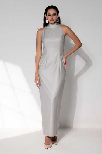 Buy_Raison D'Etre Atelier_Grey Rayon High Neck Octavia Back Tie Gown _at_Aza_Fashions