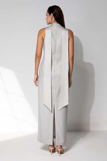 Shop_Raison D'Etre Atelier_Grey Rayon High Neck Octavia Back Tie Gown _at_Aza_Fashions