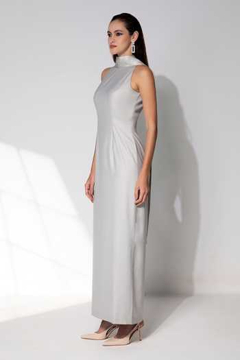 Raison D'Etre Atelier_Grey Rayon High Neck Octavia Back Tie Gown _Online_at_Aza_Fashions