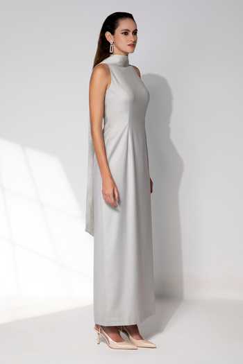 Shop_Raison D'Etre Atelier_Grey Rayon High Neck Octavia Back Tie Gown _Online_at_Aza_Fashions