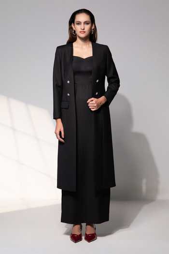 Buy_Raison D'Etre Atelier_Black Rayon Open , Sweetheart Celestia Ensemble Blazer And Dress Set _at_Aza_Fashions