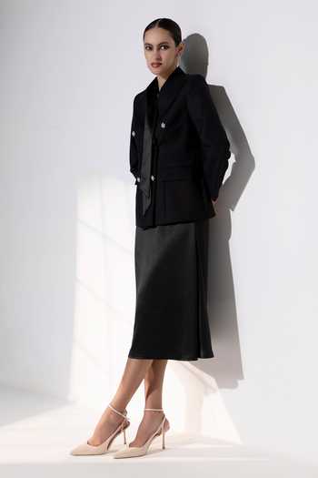 Buy_Raison D'Etre Atelier_Black Rayon Collared Neck Valentina Ensemble Blazer With Dress _Online_at_Aza_Fashions