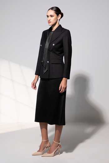 Shop_Raison D'Etre Atelier_Black Rayon Collared Neck Valentina Ensemble Blazer With Dress _Online_at_Aza_Fashions