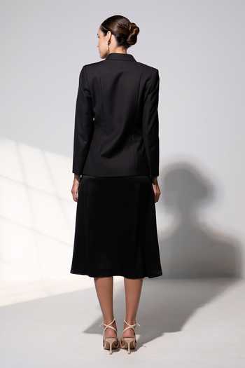 Shop_Raison D'Etre Atelier_Black Rayon Collared Neck Valentina Ensemble Blazer With Dress _at_Aza_Fashions