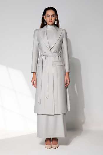 Buy_Raison D'Etre Atelier_Grey Rayon High Neck The Octavia Ensemble Dress With Blazer _at_Aza_Fashions
