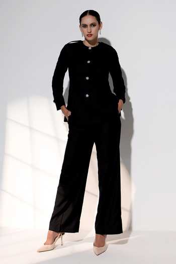 Buy_Raison D'Etre Atelier_Black Rayon Round Neck Arabella Structured Top With Pant _at_Aza_Fashions