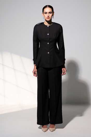 Buy_Raison D'Etre Atelier_Black Rayon Round Neck Arabella Structured Top With Pant _Online_at_Aza_Fashions