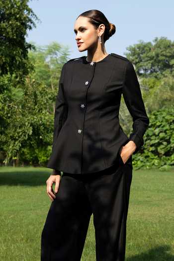 Buy_Raison D'Etre Atelier_Black Rayon Round Neck Arabella Structured Top With Pant 