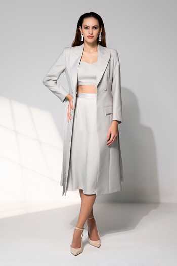 Buy_Raison D'Etre Atelier_Grey Rayon Sweetheart Neck The Sophia Ensemble Blazer Skirt Set _at_Aza_Fashions