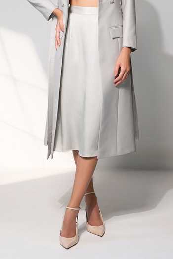 Raison D'Etre Atelier_Grey Rayon Sweetheart Neck The Sophia Ensemble Blazer Skirt Set _Online_at_Aza_Fashions