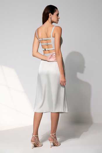 Buy_Raison D'Etre Atelier_Grey Rayon Sweetheart Neck The Sophia Ensemble Blazer Skirt Set _Online_at_Aza_Fashions