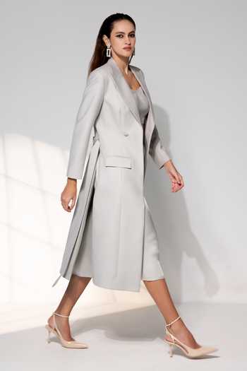 Shop_Raison D'Etre Atelier_Grey Rayon Sweetheart Neck The Sophia Ensemble Blazer Skirt Set _Online_at_Aza_Fashions