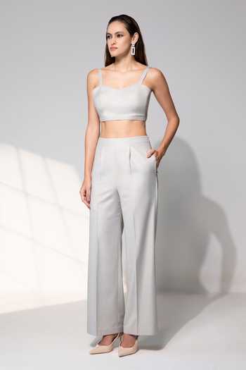 Raison D'Etre Atelier_Grey Rayon Bandeau Neck The Josephine Ensemble Blazer Trouser Set _Online_at_Aza_Fashions