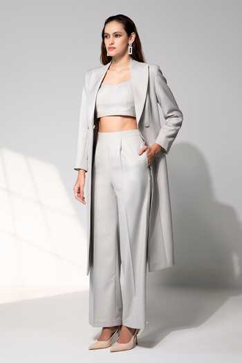 Buy_Raison D'Etre Atelier_Grey Rayon Bandeau Neck The Josephine Ensemble Blazer Trouser Set _at_Aza_Fashions