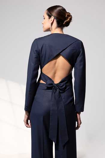 Shop_Raison D'Etre Atelier_Black Rayon Halter Neck Seraphina Back Cut-out Top With Pant _at_Aza_Fashions