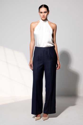 Raison D'Etre Atelier_Black Rayon Mandarin Collar, Halter Neck Seraphina Top And Pant Set _Online_at_Aza_Fashions